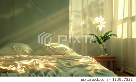 A minimalist bedroom with morning sunlight streaming through an open window. Generative AI. 113937821