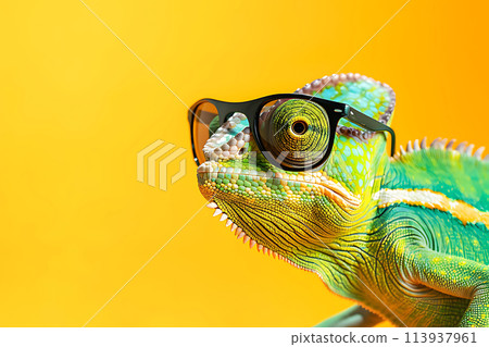 chameleon wearing sunglasses on a solid color background chameleon wearing sunglasses on a solid color background 113937961