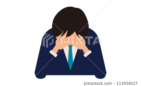 一位雙手放在臉上的沮喪辦公室職員的前視圖插圖 一位雙手放在臉上的沮喪辦公室職員的前視圖插圖 113938027