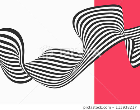 Black and white striped curved wave. Abstract illusion background. 113938217