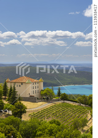 Typical Provencal town Aiguines with Lac de Sainte-Croix, Verdon Natural Park, Alpes-de-Haute-Provence, Provence, France 113938417