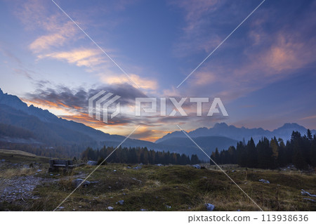 Landscape near Sella di Razzo and Sella di Rioda pass, Carnic Alps, Friuli-Venezia Giulia, Italy 113938636