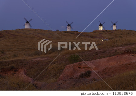 Windmills near Alcazar de San Juan, Toledo, Castilla La Mancha, Spain 113938676