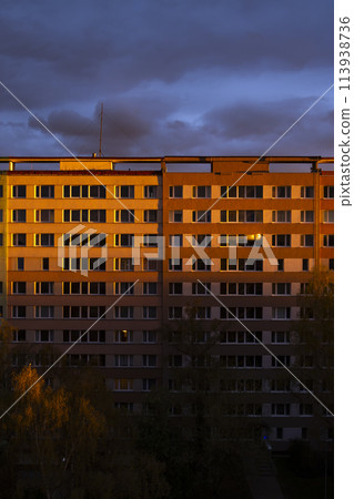 Old block of flats - apartment building made from concrete panels in communist era in eastern Europe, Prague, Czech Republic 113938736