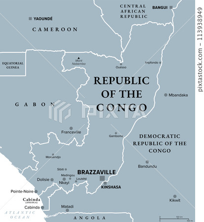 Republic of the Congo, gray political map. Also known as the Congo, a country located on the western coast of Central Africa, with the capital Brazzaville. Illustration. Vector 113938949