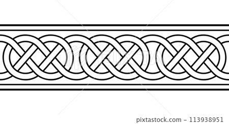 Celtic loop border knotwork, seamless tile and pattern in typical Celtic style. Intertwined lines forming knots. Traditional motif and template, which can be expanded to the left and right as desired. 113938951