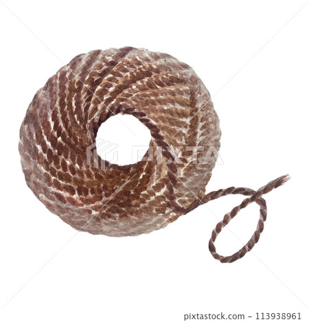 Jute rope wrapped in a ball isolated on white. Hand painted in watercolor. Natural high quality brown string, simple and rustic for eco design, packages, labels, logo and herbalism Jute rope wrapped in a ball isolated on white. Hand painted in watercolor. Natural high quality brown string, simple and rustic for eco design, packages, labels, logo and herbalism 113938961