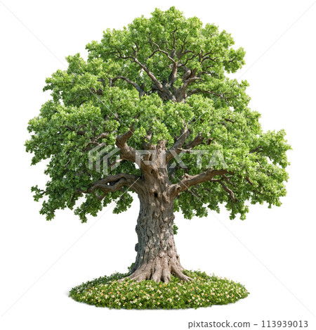 Oak Tree majestic tree with a thick gnarled trunk and broad spreading branches covered in 113939013