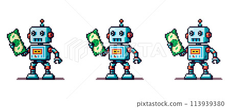 pixel icon with a robot holding dollar money in his hand on a white background 113939380