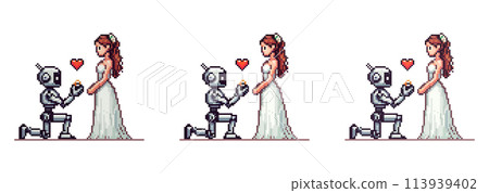 pixel icon with a robot standing on one knee in front of a girl in a white wedding dress, in his hands he holds a ring, wedding of a robot and a human on a white background pixel icon with a robot standing on one knee in front of a girl in a white wedding dress, in his hands he holds a ring, wedding of a robot and a human on a white background 113939402