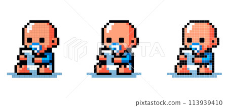 pixel art icon of a baby with a pacifier playing with a phone on a white background 113939410