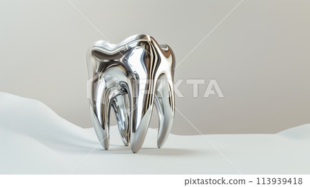 Shiny metallic tooth sculpture on a white background 113939418