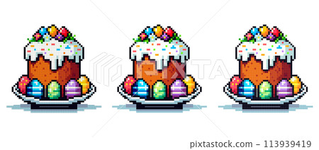 pixel icon with Easter cake on a large plate, around it are multi-colored painted eggs on a white background, Easter holiday 113939419