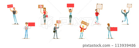 Angry People with Placard and Banner Participate in Protest Vector Set 113939486