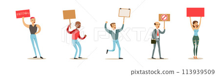 Angry People with Placard and Banner Participate in Protest Vector Set 113939509