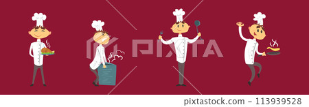 Funny Man Chef Character in Toque Cooking Dish Vector Set 113939528