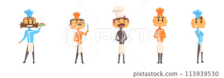 Funny Man Chef Character in Toque Cooking Dish Vector Set 113939530