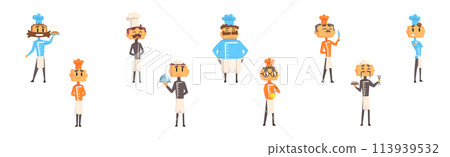 Funny Man Chef Character in Toque Cooking Dish Vector Set Funny Man Chef Character in Toque Cooking Dish Vector Set 113939532