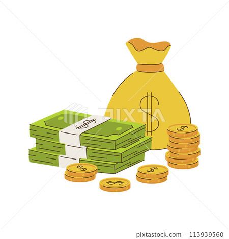 A full yellow bag with a dollar sign and a stack of cash banknotes and coins. A symbol of wealth, savings. A full yellow bag with a dollar sign and a stack of cash banknotes and coins. A symbol of wealth, savings. 113939560