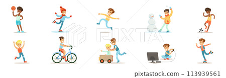 Funny Boy Character Enjoy Different Activity Vector Set Funny Boy Character Enjoy Different Activity Vector Set 113939561