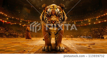 A powerful tiger stands confidently on top of a stage, its magnificent presence captivating the audience. 113939732