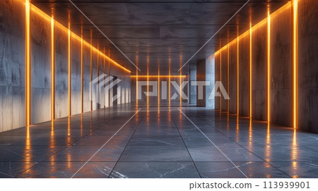 A long hallway illuminated by soft yellow lights, creating a mesmerizing ambiance as shadows dance along the walls. A long hallway illuminated by soft yellow lights, creating a mesmerizing ambiance as shadows dance along the walls. 113939901