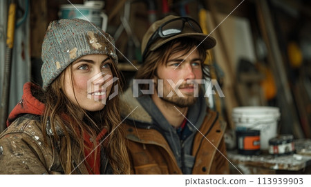 A man and a woman stand together, collaborating on a renovation project with focus and determination. A man and a woman stand together, collaborating on a renovation project with focus and determination. 113939903