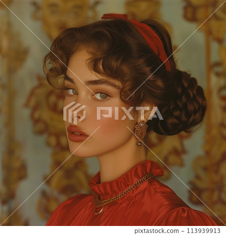 A striking woman in a vibrant red dress and matching headband exudes elegance and grace in a portrait showcasing her beauty. 113939913