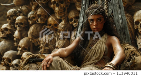 A female barbarian leader sits confidently in front of a towering pile of skulls, exuding power and strength in a dark and mysterious setting. 113940011