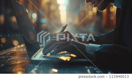 A man in casual attire sits at a wooden table, intensely focused on his laptop screen as he navigates through digital realms. 113940013