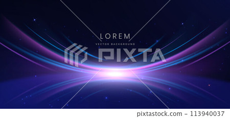 Abstract futuristic neon blue and purple curved light lines with effect sparkle on dark blue background. 113940037