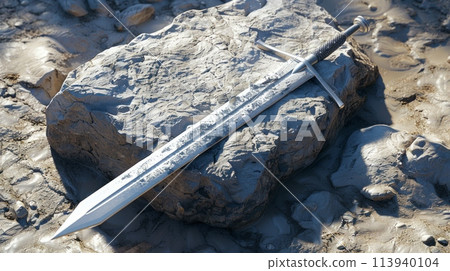 A legendary sword of King Arthur, Excalibur, lays quietly on a weathered rock, its ancient power waiting to be awakened. 113940104