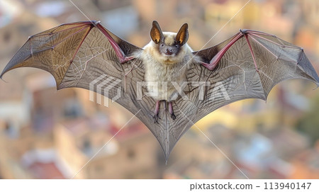 A bat gracefully hangs upside down in the night sky above a bustling city, displaying its unique aerial prowess. 113940147