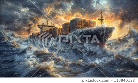 A powerful painting depicting a massive ship battling fierce waves and dark clouds, losing containers overboard in a tumultuous storm at sea. 113940158
