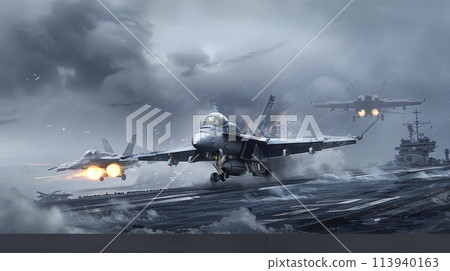 A group of powerful fighter jets soar through a dramatic cloudy sky, showcasing their speed and precision as they fly in formation. 113940163