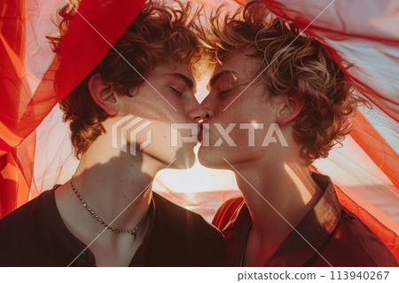 Two individuals, deeply in love, share a tender kiss full of warmth and affection. Two individuals, deeply in love, share a tender kiss full of warmth and affection. 113940267