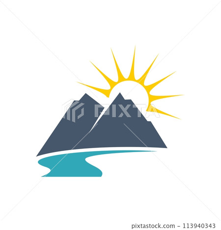 Mountain, River and Sun Logo Template Illustration Design. Vector EPS 10. 113940343