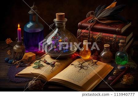 Open Book and Candle on Table 113940777