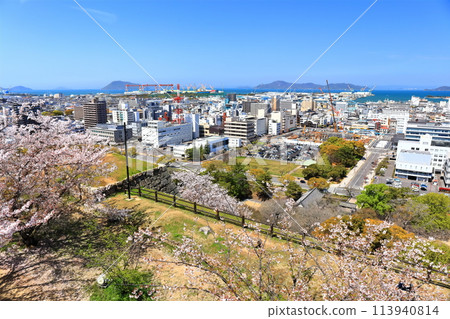 [Kagawa Prefecture] View of Marugame city and the Seto Inland Sea from Marugame Castle in spring when cherry blossoms bloom 113940814