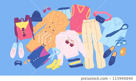 Cartoon Clothes Male Different Types Concept Flat Design Style on a Blue. Vector illustration of Floating Objects 113940840