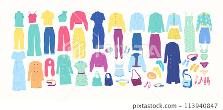 Cartoon Clothes Female Different Types Set Concept Flat Design Style Isolated on a White Background. Vector illustration 113940847