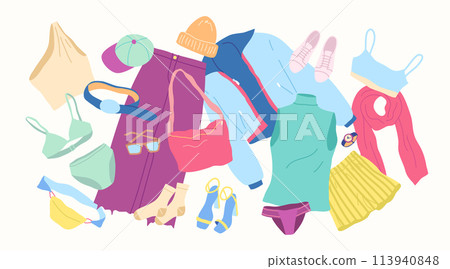 Cartoon Clothes Female Concept Flat Design Style Isolated on a White Background. Vector illustration of Floating Objects 113940848