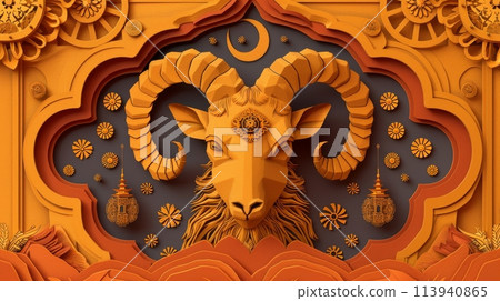 Majestic Golden Aries Ram Paper Art Illustration 113940865