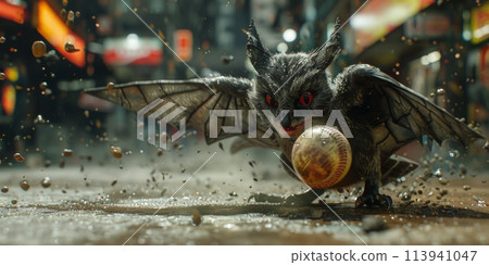 A sleek bat twists and turns through the night air, gliding effortlessly next to a baseball, as if engaged in a game of their own. 113941047