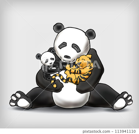 Panda sitting with her child and little baby tiger vector illustration Panda sitting with her child and little baby tiger vector illustration 113941110