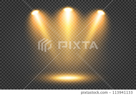 Illumination of the stage with yellow light of lighting fixtures on a dark transparent background. Illumination of the stage with yellow light of lighting fixtures on a dark transparent background. 113941133