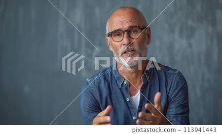 Senior man with public speaker gesture. Fingers connected at fingertips, pose which imposes power and patience, gray studio background, copy space 113941443