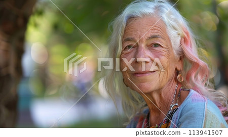 Portrait of smiling elderly woman with colored hair. A photo on the nature background Portrait of smiling elderly woman with colored hair. A photo on the nature background 113941507