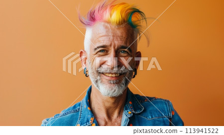 Portrait of smiling elderly man with colored hair. A photo on the nature background 113941522