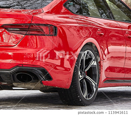Modern red sport car in the winter forest background,  car wallpaper 113941611